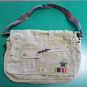 Steampunk Skull Army Style Messenger Bag Canvas Green w/ Patches